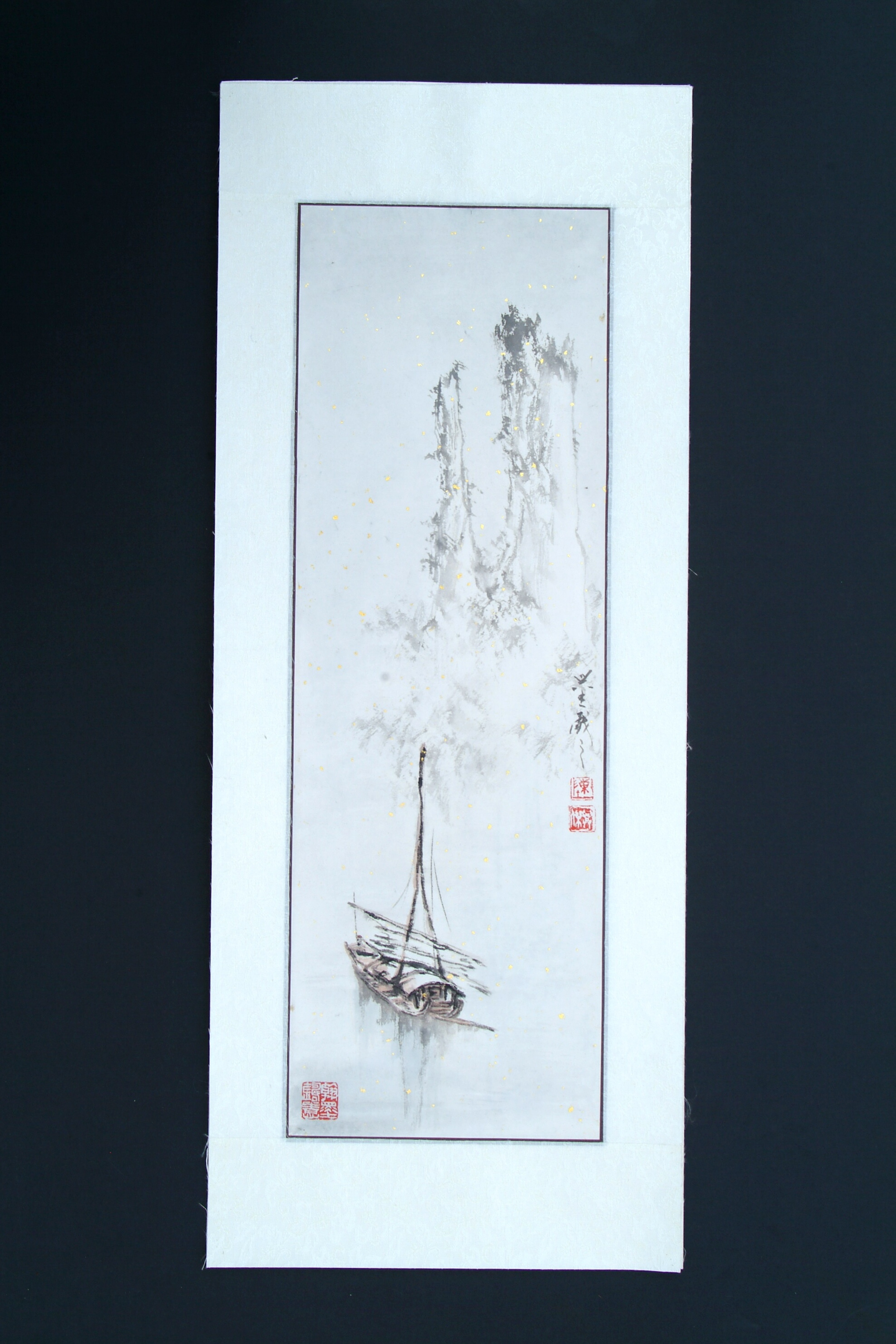 Lone boat on misty water, painting by Xing Jie Chen